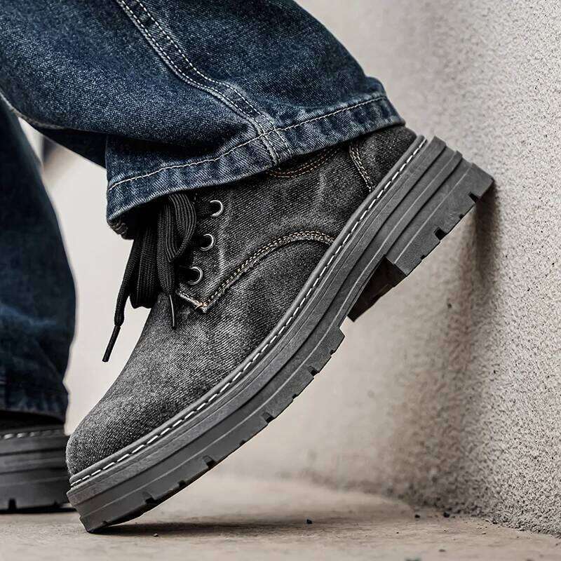Spring Autumn New Style Denim Retro British Men's Shoes, Thick-Soled, Large Size, Versatile Low-Top Short Boots, Fashionable and Durable Casual S