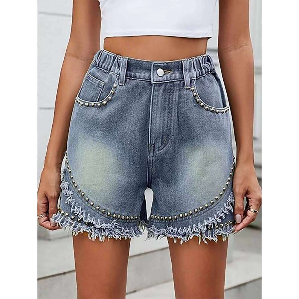 Denim Shorts Women Straight Jeans Stretch High Waist Rivet Distressed Pockets Washed Vintage Streetwear Female Short Pants 2025 XJ260206