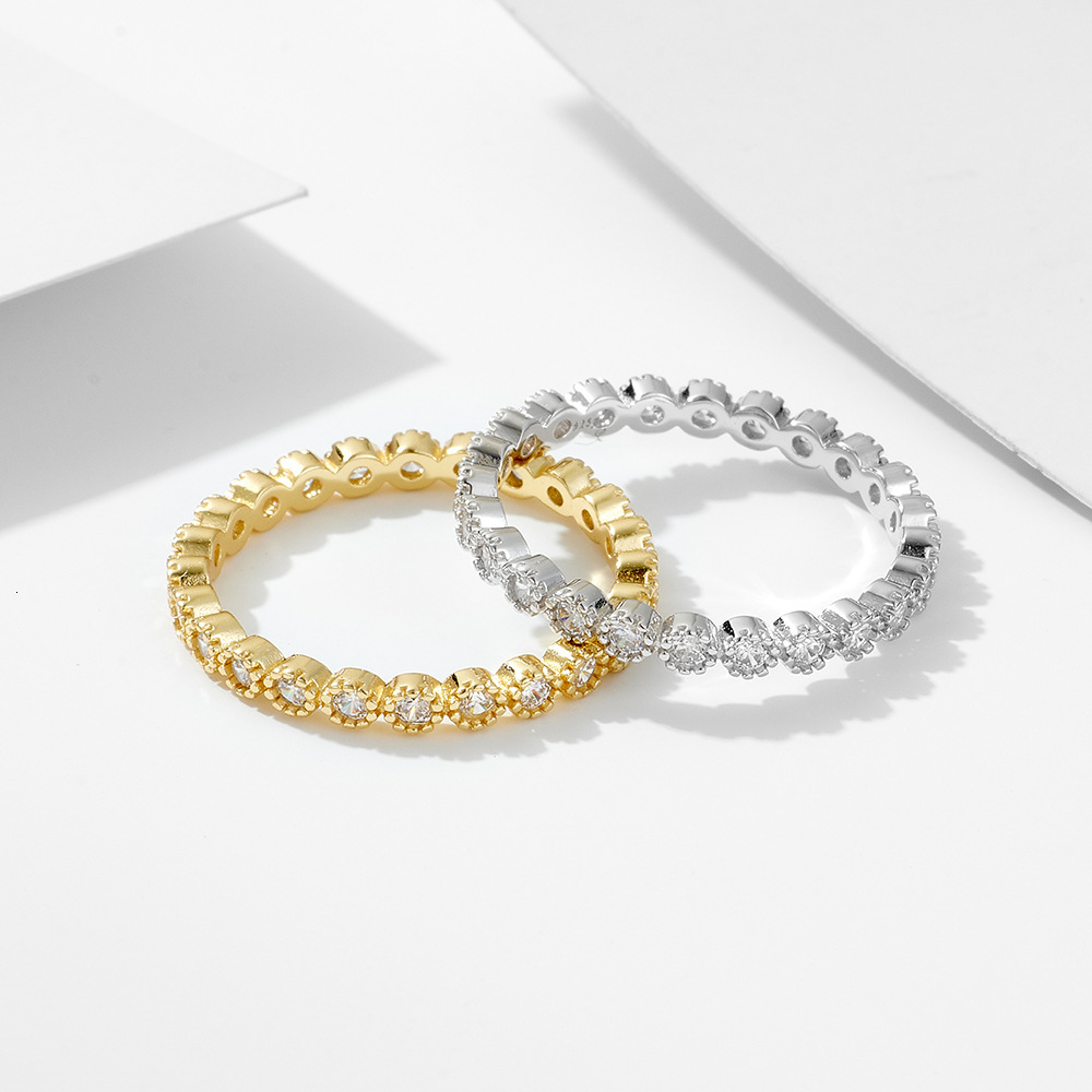 ins-style simple micro-inlaid zircon stackable versatile s925 sterling silver geometric round full-diamond ring jewelry