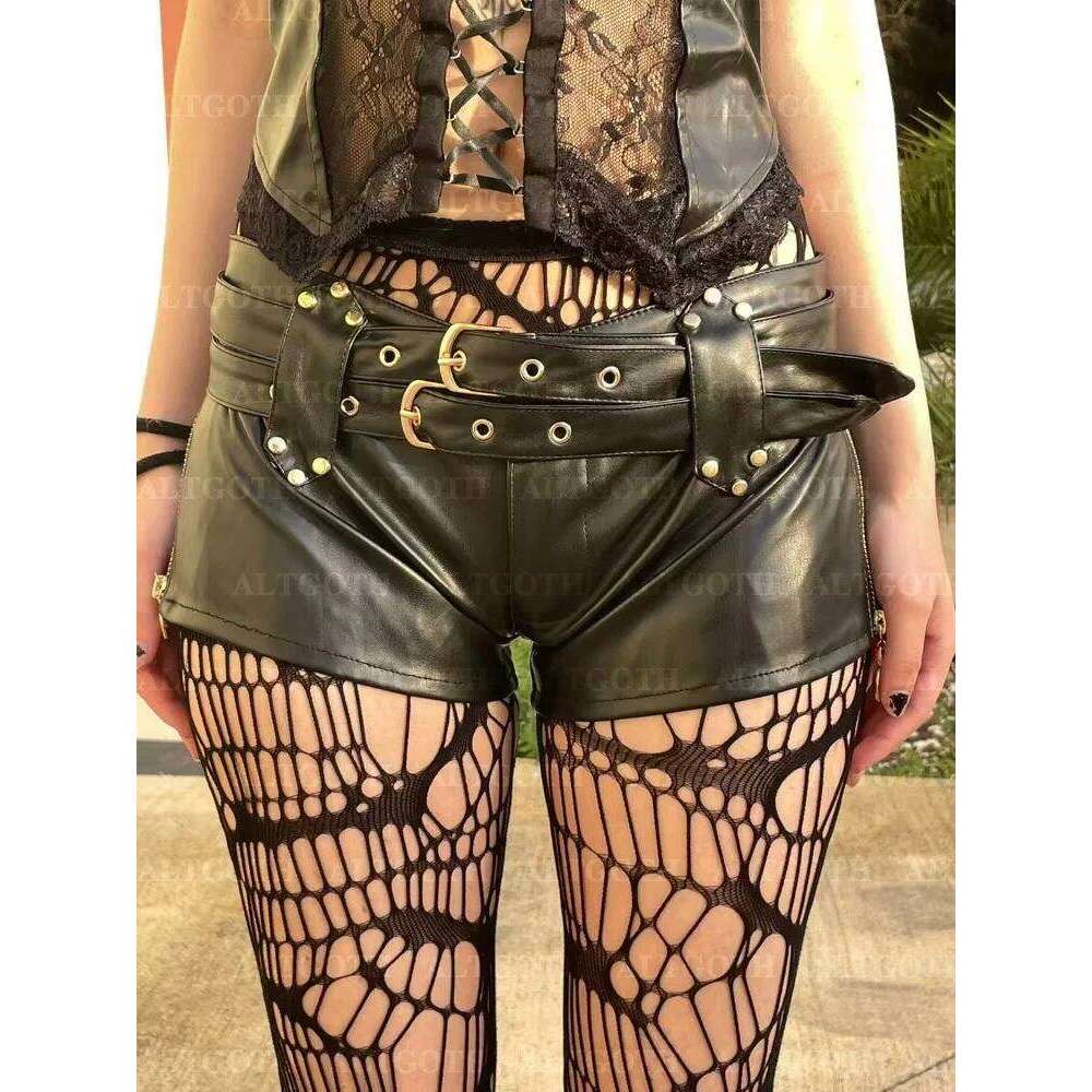 AltGoth Cyber Punk Nightclub Women Dark Goth Y2k E-girl Streetwear Harajuku Grunge Sexy Low Waist Pu Leather Shorts Femme XJ260206