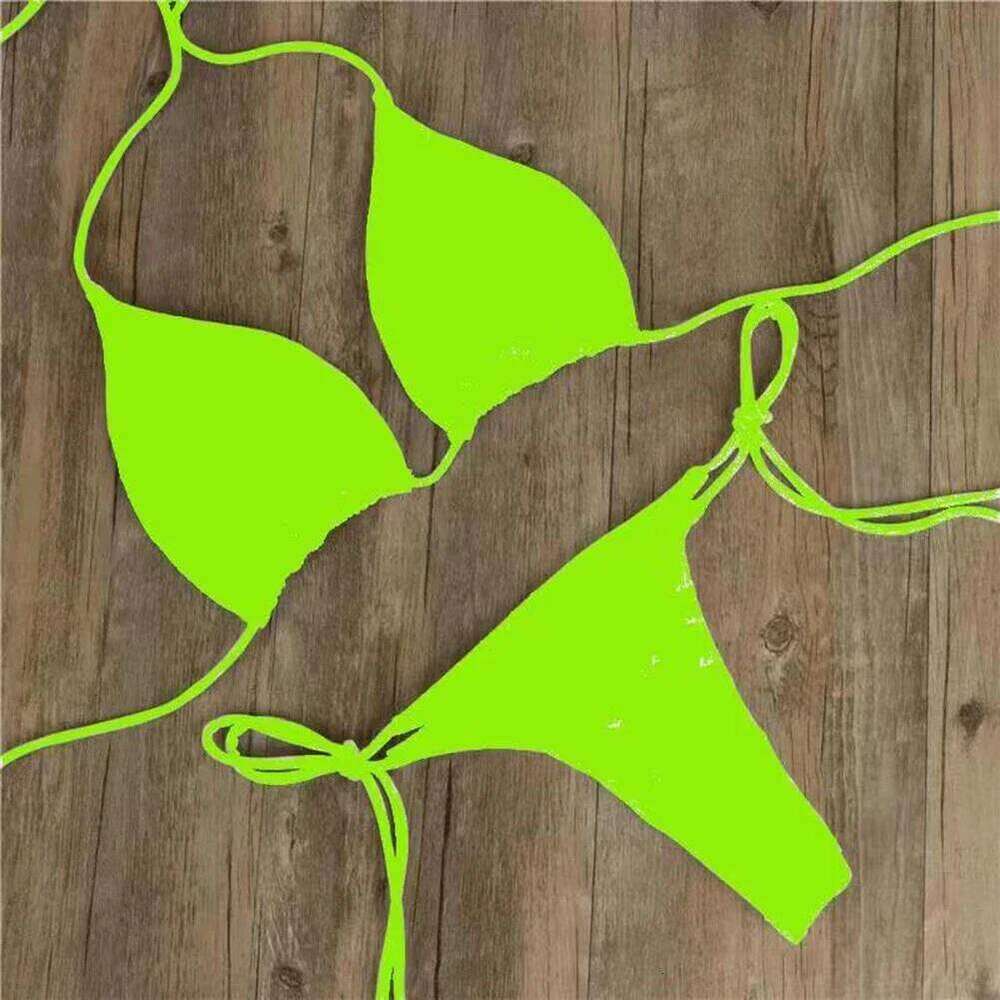 Sexy Women Thong Solid Color Bikini Set Side Halter Tie Swimsuit Ladies Split Strap Adjustable Brazilian Swimwear Soft Beachwear Z260206