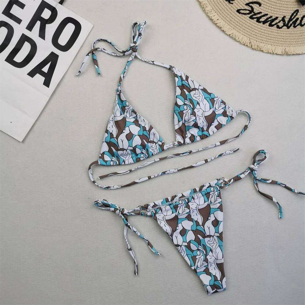 Fashion Print Bikini Thong String Sexy Triangle Swimsuit Split Vintage Swimwear Trend Women Micro Beach Bathing Suit Bikinis Set Z260206