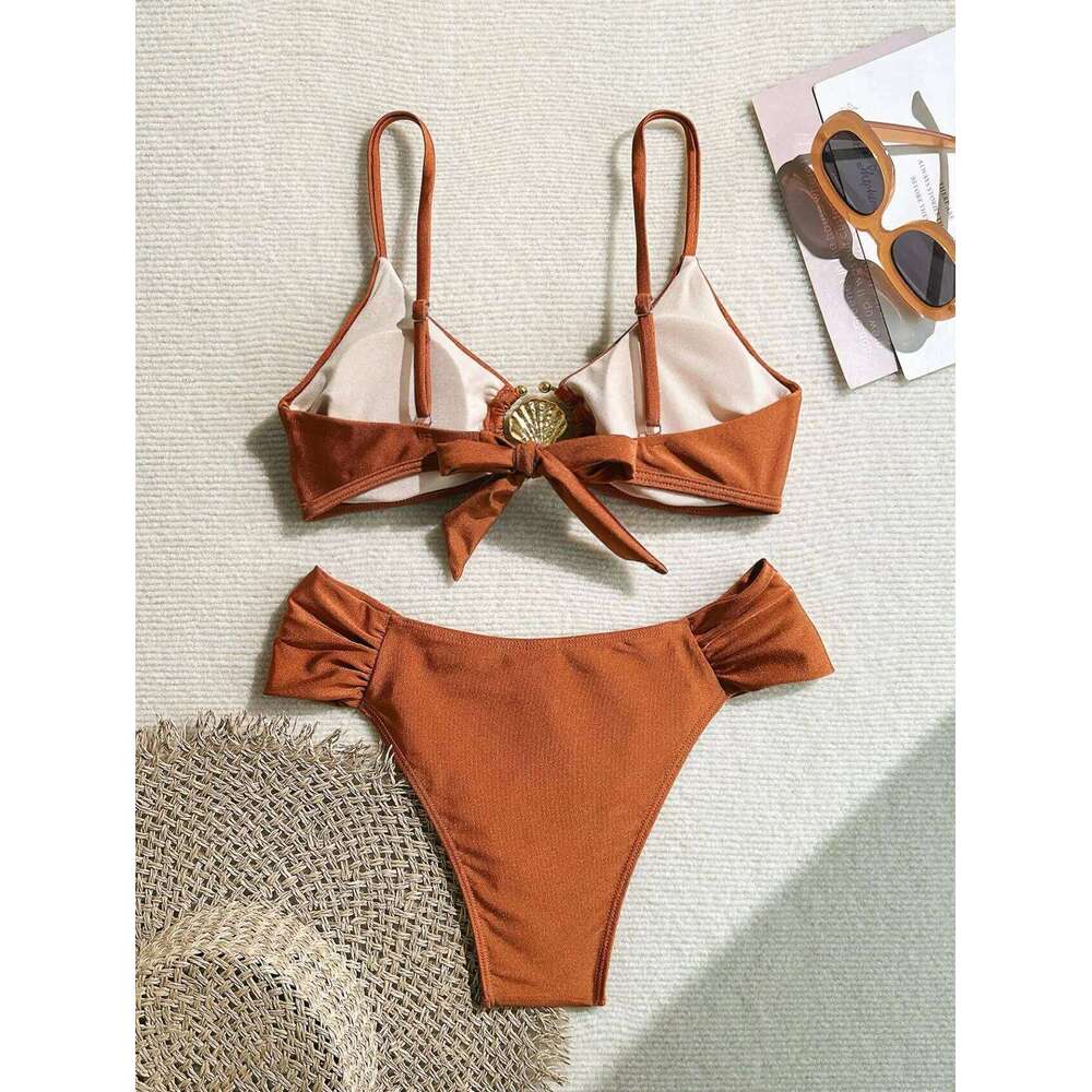 Sexy Pleate High Waist Bikini Set 2025 Women Orange Metal Buckle Push Up Two Piece Swimsuit Beach Bathing Suit Holiday Swimwear XJ260206
