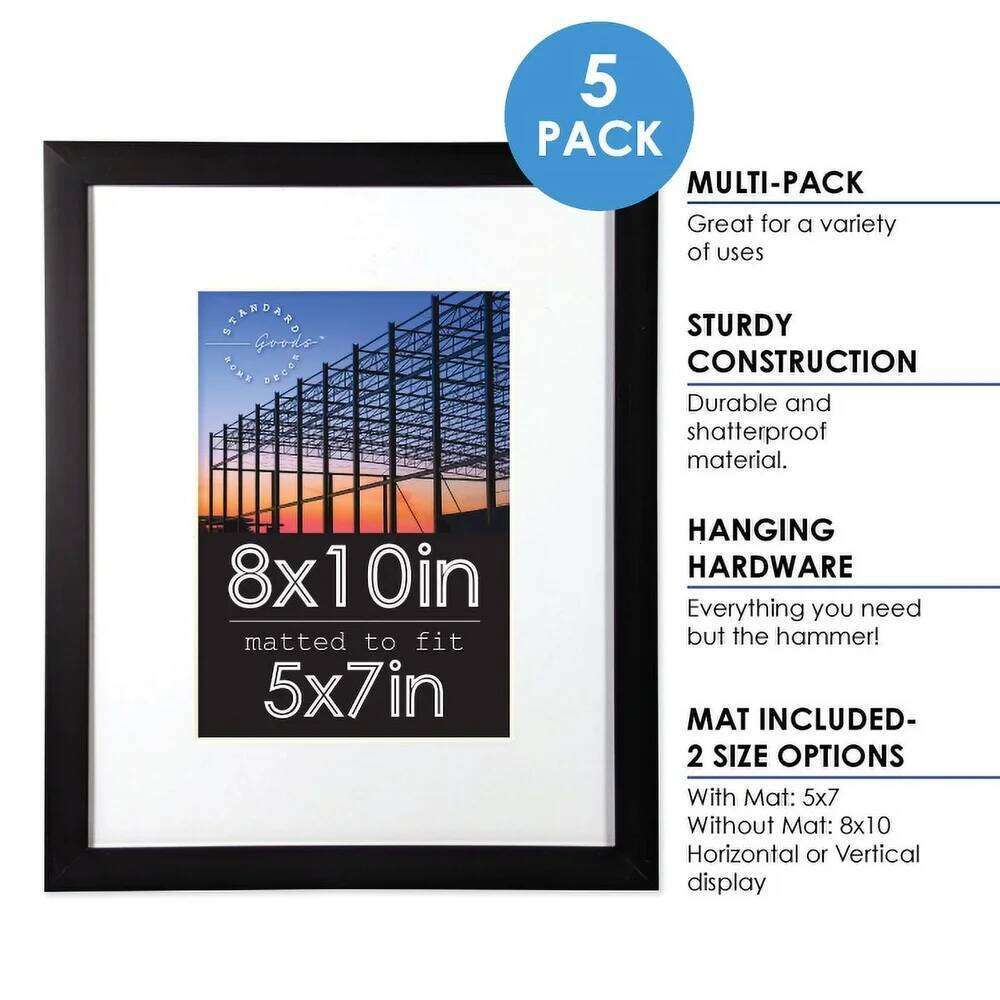 8x10 Black Picture Frames 5-Pack Matted 5x7 Tabletop Wall Display Gallery Framing Durable Shatter Resistance Home Decor S260205