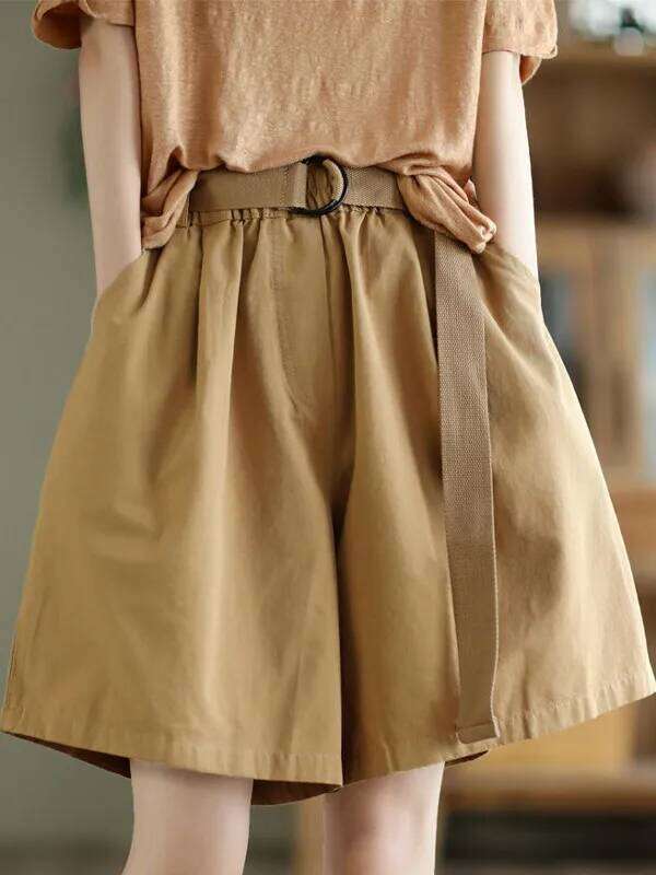 Casual Cotton ort Women's New Sle Thin Wide Leg Slimming Versatile Commuting Belted Five-Quarter Hot Pants XJ260206