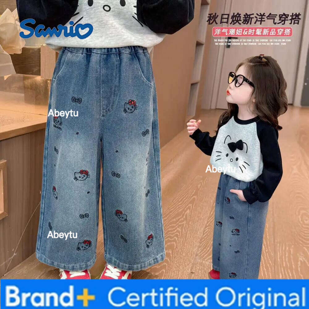 Sanrio Hello Kitty Girls' Spring/autumn Casual Jeans New Children's Stylish Fashion Korean Version Straight Wide-Leg Pants H260206