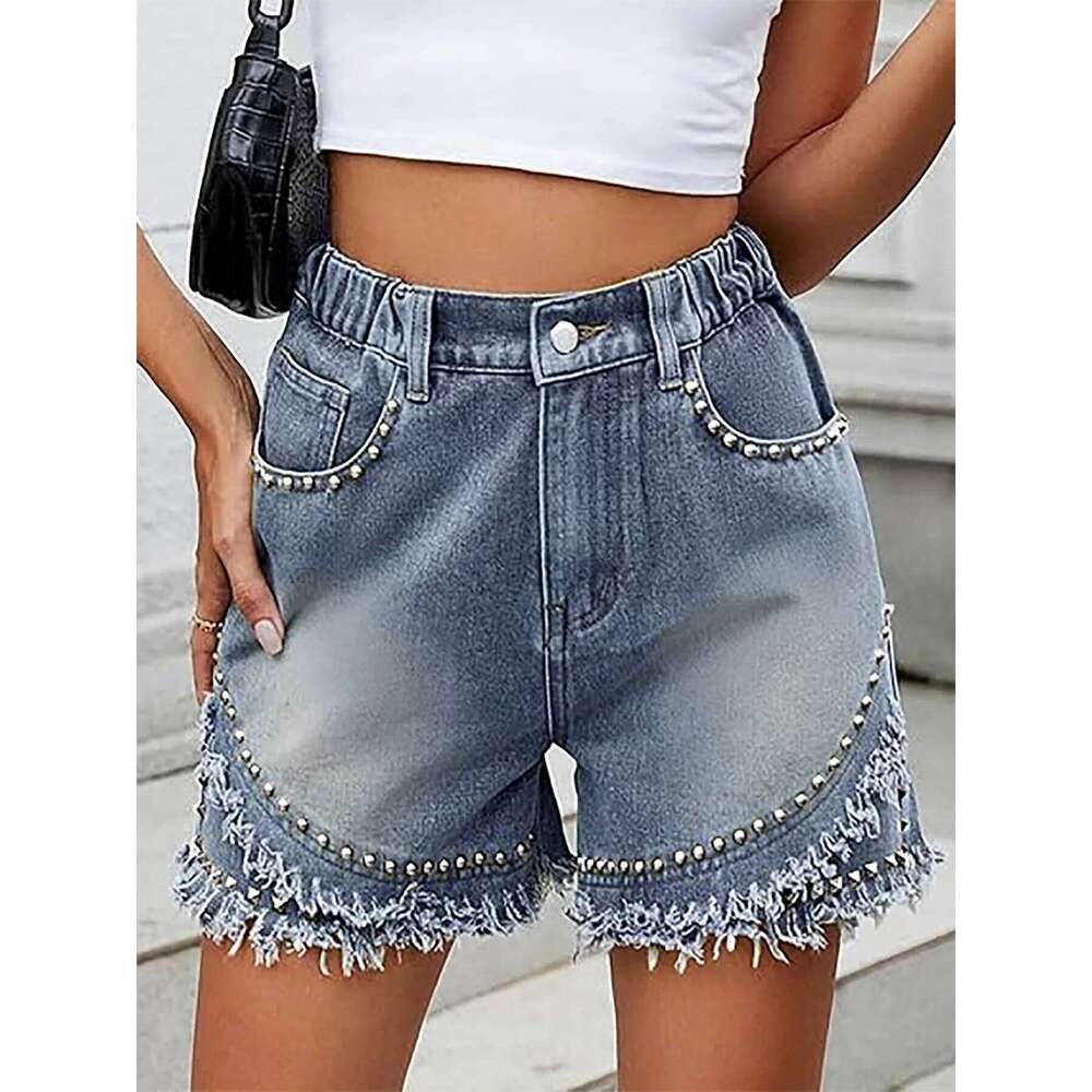 Denim Shorts Women Straight Jeans Stretch High Waist Rivet Distressed Pockets Washed Vintage Streetwear Female Short Pants 2025 XJ260206