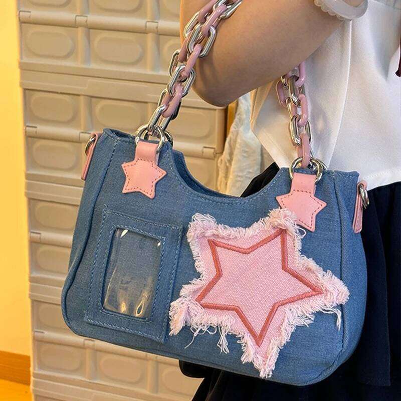 Y2K Vintage Korean Fashion Shoulder Underarm Harajuku Star Tote Denim Bag Chain Ladies Bags Zip Purses Handbags Women Y260205