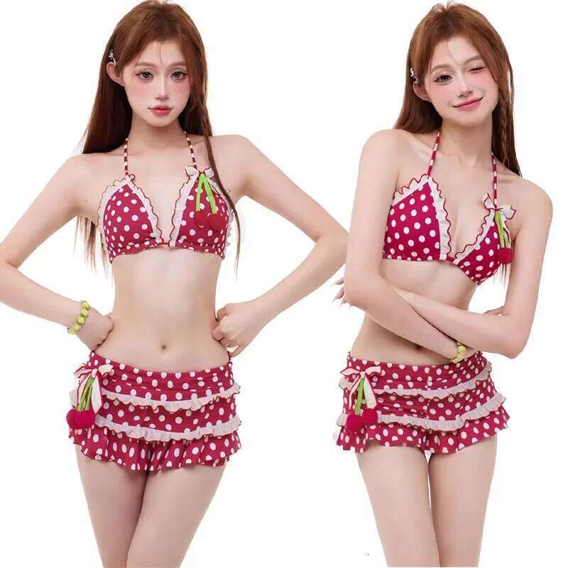 Beach 2 Piece Set Women Lolita Cute Dots Ruffles Patchwork Holiday Lace Up Halter Bra Tops + Shorts Summer Bathing Suit Swimwear Z260206