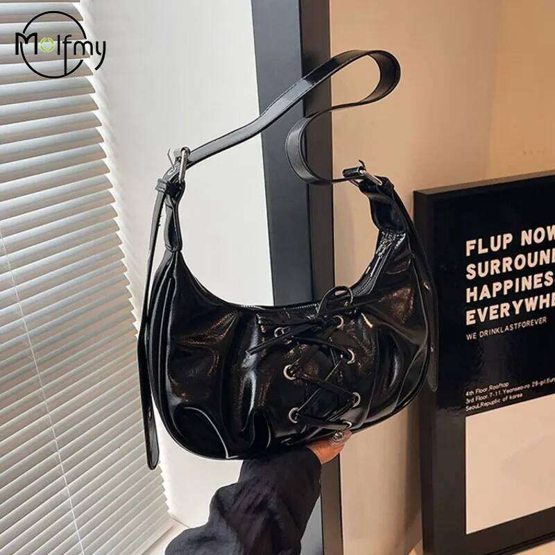 Cute Y2k Womens Shoulder Bags Retro Underarm Shiny Surface Fashion Elegant Sweet Lolita Designer Bag Bow Female Handbag Y260205
