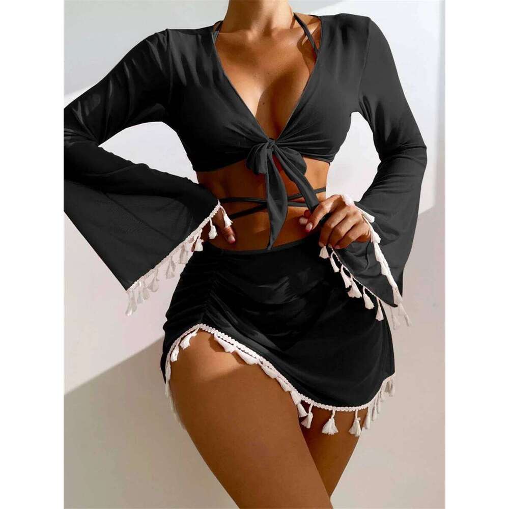 Sexy 4 Pieces Halter Bikinis Women Solid Swimwear Female Cover Up Swimsuit Long Sleeve And Skirt Bathing Suit Beachwear Summer Z260206