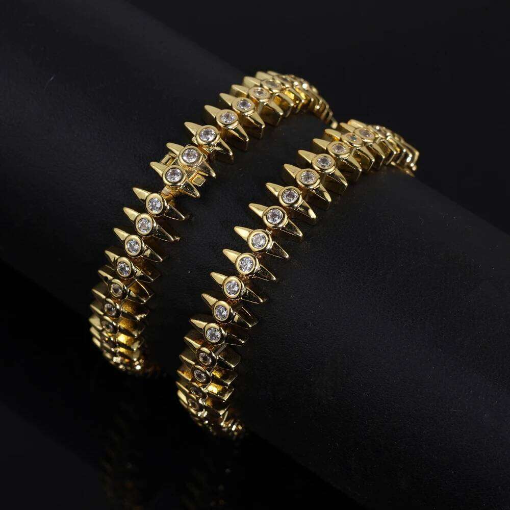 2025 New Fashion Women Gold Color Bezel Sparking CZ Spiked Charm Tennis Chain Bracelet Rock Punk Cool Jewelry 26H0206