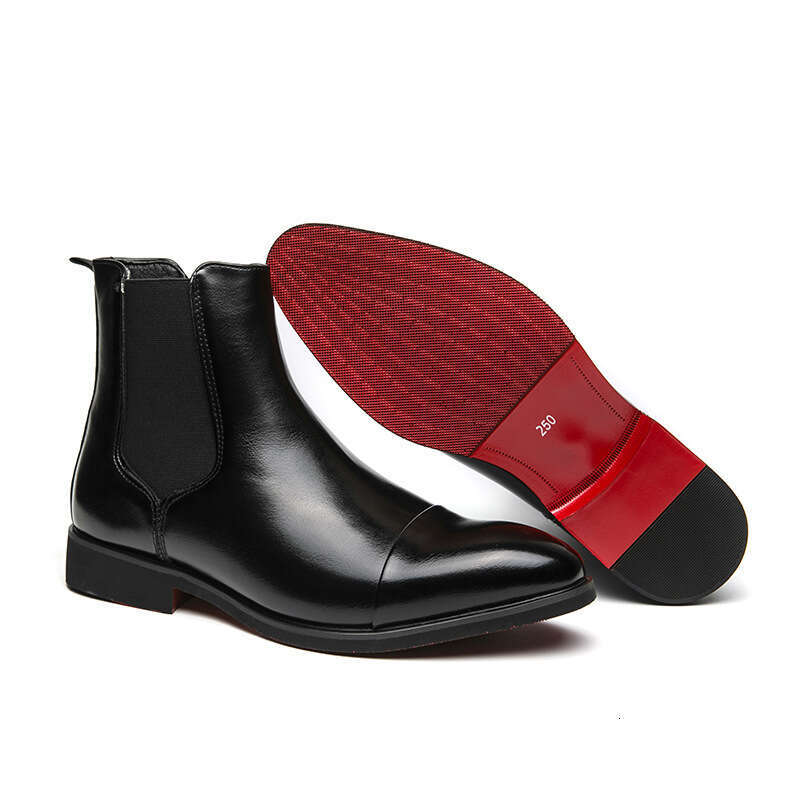 Autumn Winter Pointed Toe Slip-On Large Size Men's High Top Leather Shoes Red Sole Martin British Casual Chelsea Boots