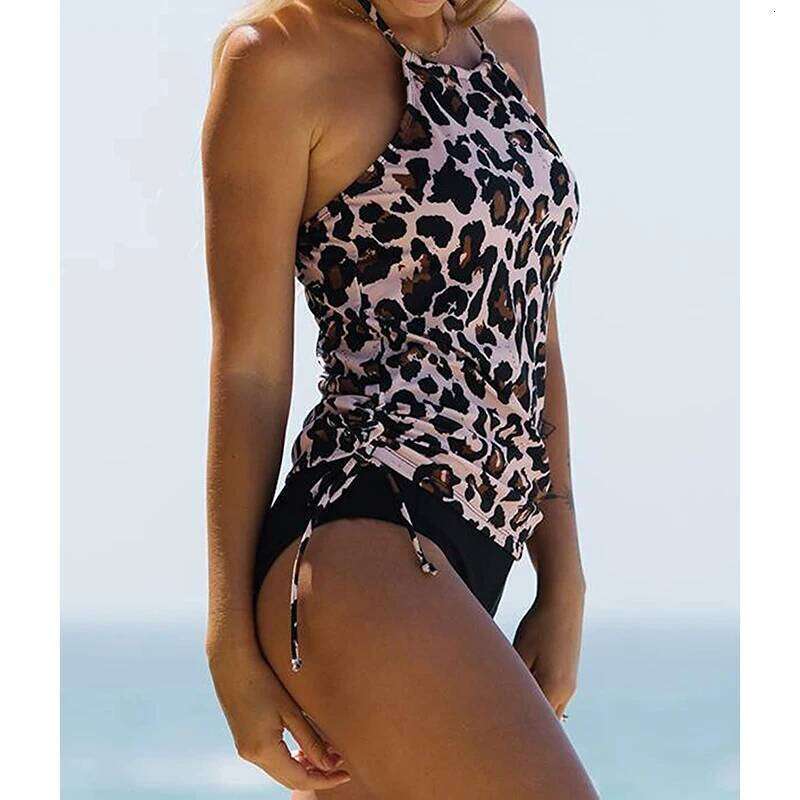 Women's Two Piece Bathing Suit Solid Color Drawstring Side Halter Neck Tankini Black Bikinis Set Swimwears Beachwear Z260206