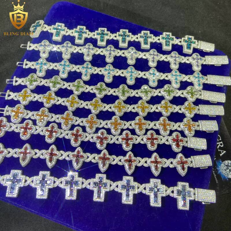 Factory Outlet VVS1 Iced Out Moissanite Bracelets HipHop 925 Silver Chains Mens Moissanite Cross Bracelets Pass Diamond Test GRA