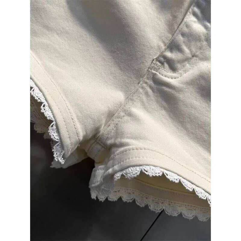 Korean Style Spliced lace Denim Shorts for Women 2025 Design High Waist Elastic Versatile Hot Pants XJ260206