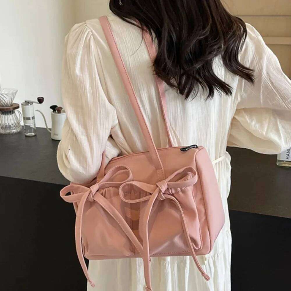 Fashion Casual Tote Zipper Closure Large Capacity Lightweight Nylon Bow Shoulder Bag Women Y260205