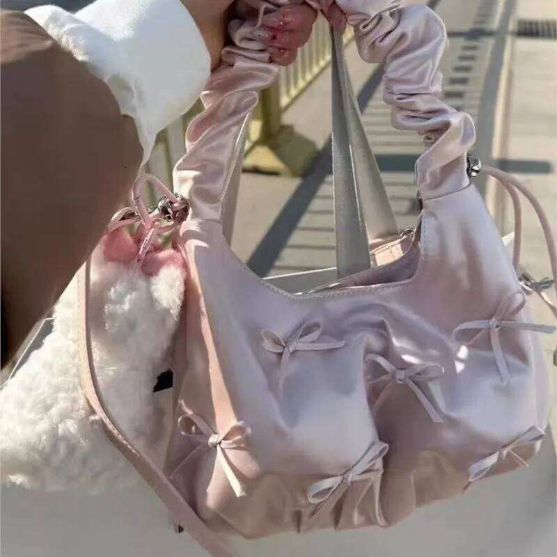 Sweet Cute Bow Handbag Women Pleated Satin Fabric Single Shoulder Ladies Ballet Style Elegant Pink Harajuku Underarm Bag New Y260205