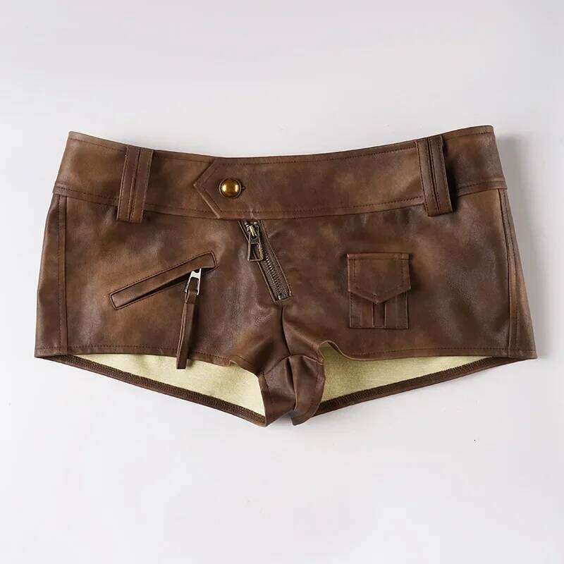 Retro Brown PU Leather Y2k Streetwear Low Waist Micro Shorts Hot Pants Sexy Winter Clothes for Woman XJ260206
