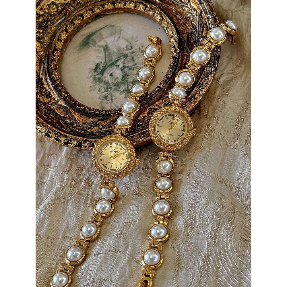 1 Piece of Gold French Fashion Elegant Pearl Strap Watch Palace Retro Bohemian Style 30m Waterproof Round Women's Quartz Watch, Suitable for Dail