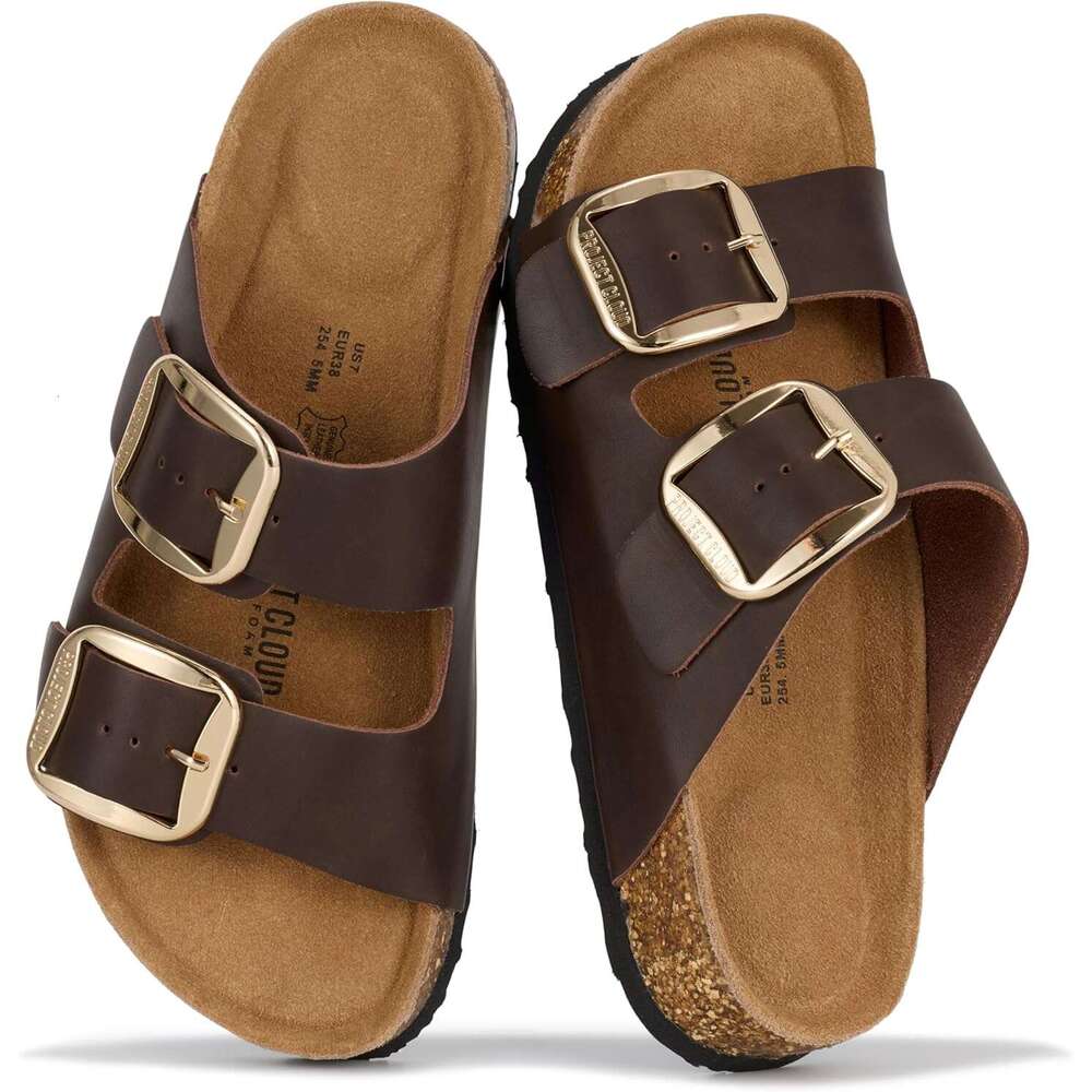 100% Genuine Leather Flat 2026 Comfortable Beach Womens Sandals Memory Foam Vacation Essentials Slides For Women Footwear Santorini