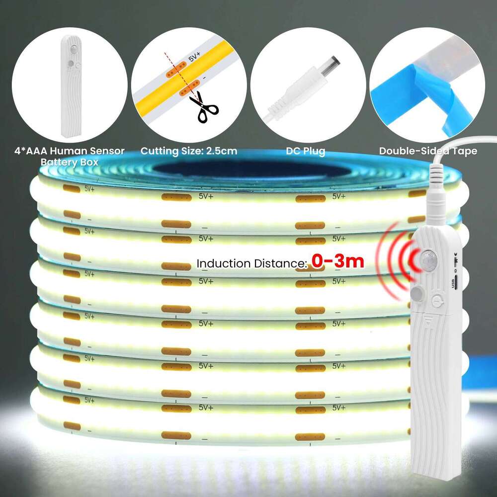 Motion Sensor Dimmerable COB Strip DC 5V 320Leds/M White/Red/Ice Blue/Pink/Yellow 0.5M-5M TV Backlight Ribbon Rope LED Light Z260206