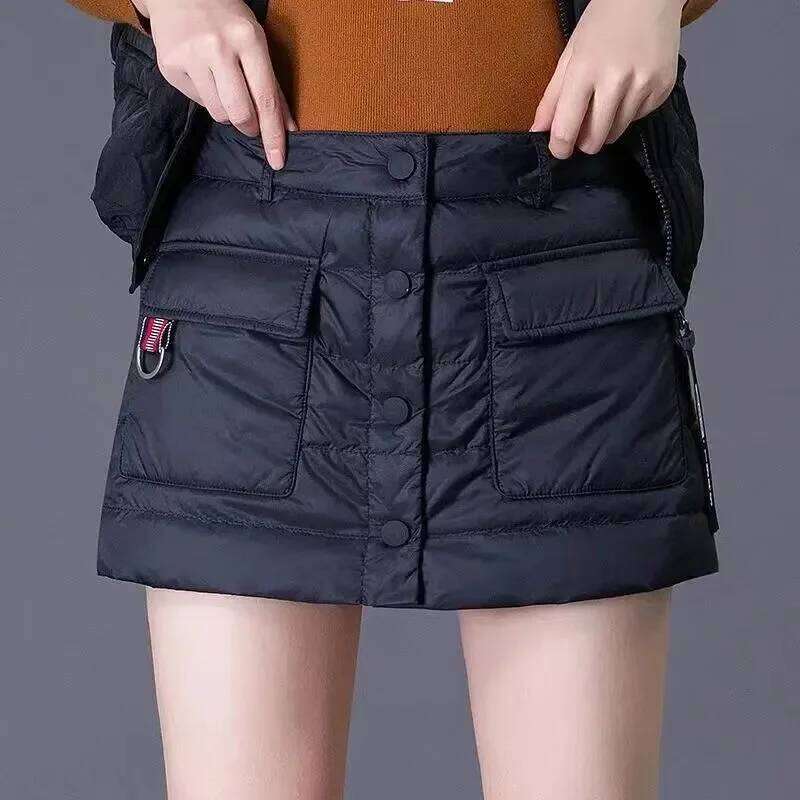 Autumn Winter Down Cotton Short Women New Pure Colour Fake Two-Piece Skirt Pants Fashion Covered Button Culottes Female XJ260206