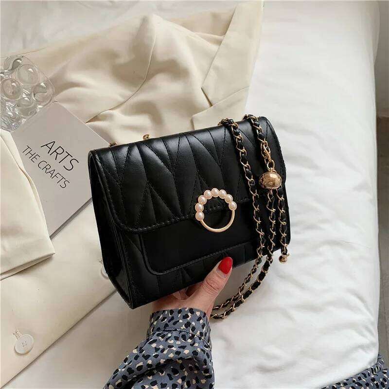 Black Solid Color Chain One-shoulder WOMEN'S Versatile Sewing Small Square Cross-body Women Girl Shoulder bag Y260205