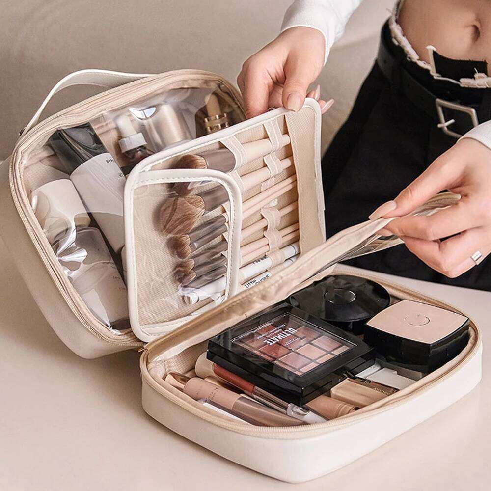 Multilayer Square Cosmetic Bag Waterproof PU Travel Makeup Pouch Y260206