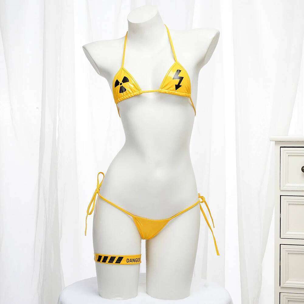 Punk Bikini Sexy Leather Bra Underwear Lingerie Danger Caution Print Swimsuit Low Waist Bikinis Sets Beach Swimwear Z260206