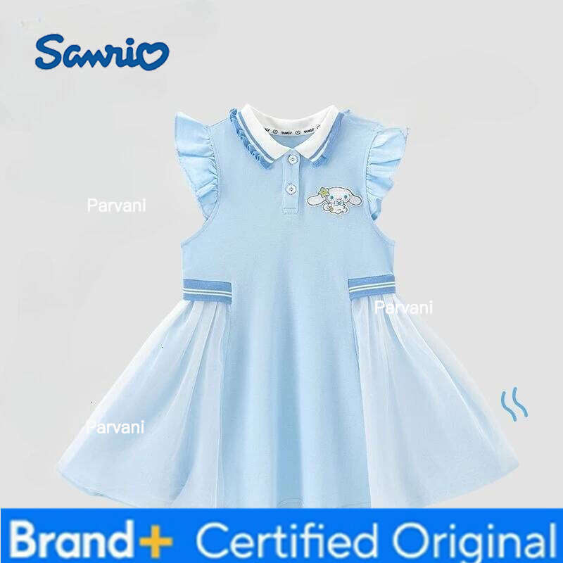 Sanrio Cinnamoroll Cute Summer New Girls Comfortable Cotton Skirt 2025 Cartoon Embroidery Mesh Lapel Dress Holiday Gift H260206 - view 4