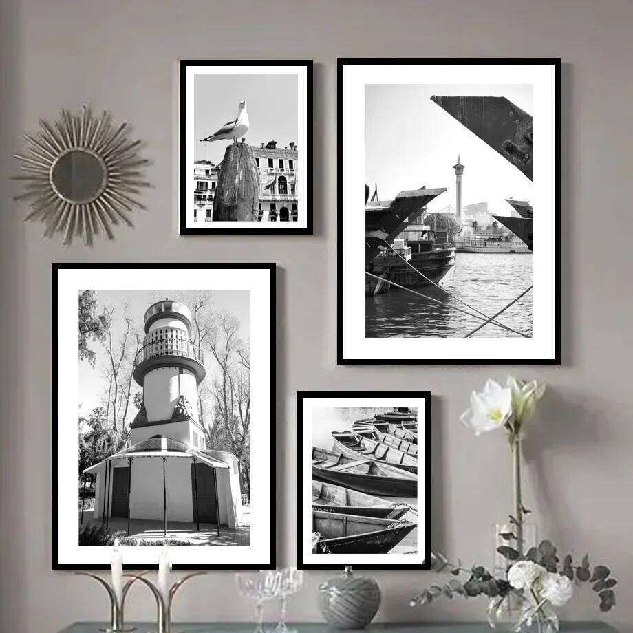 A4 6 7 8inch With Canvas Painting Black And White Beach Mushroom Boat Bird Flowers Wall Art Combination Photo Frame S260205