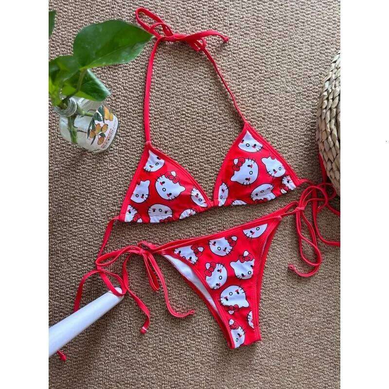 2025 Hellokitty Cute Girls Sexy Bikinis Set Print Bikini Swimsuit Women Swimwear Beachwear Lingerie Elasticity Slips On Vacation Z260206