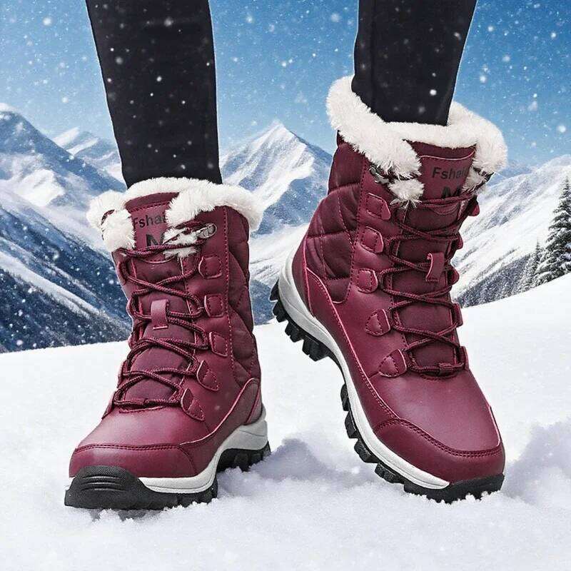 Warm Elegant Thick Cotton Fleece Anti Slip Outdoor Hiking Shoes Comfortable Platform High Top Women's Bare Boots