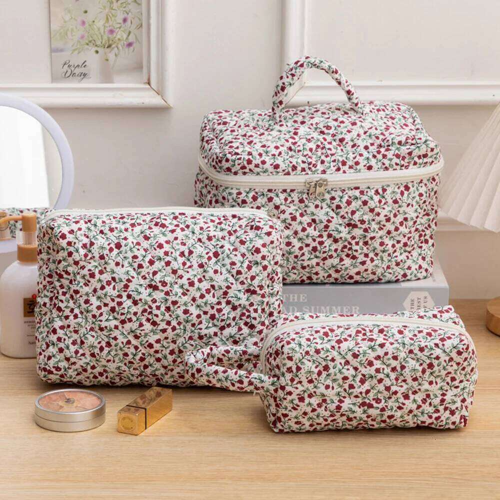 3 Pcs Makeup Set Checkered Cosmetic Large Capacity Travel Toiletry Organizer Quilted Cotton Women Zipper Storage Bag Y260206