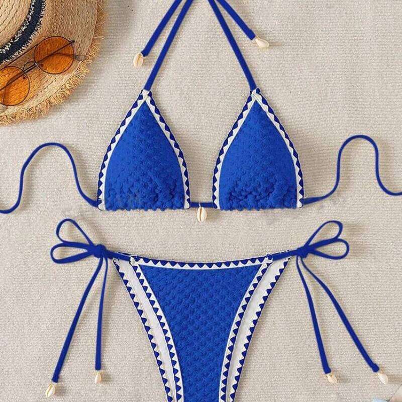 Sexy Halter Wrinkled Weave Bikini Set Shell Swimsuit Women Push Up Micro Bikinis Summer Bathing Suit Swim Beach Wear Z260206