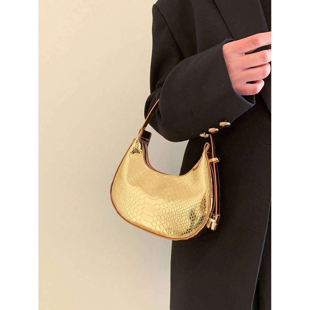Metallic Snakeskin Hobo Solid Color Crocodile Embossed Shoulder Bag, Trendy Simple Underarm Bag Handbags For Women Y260205