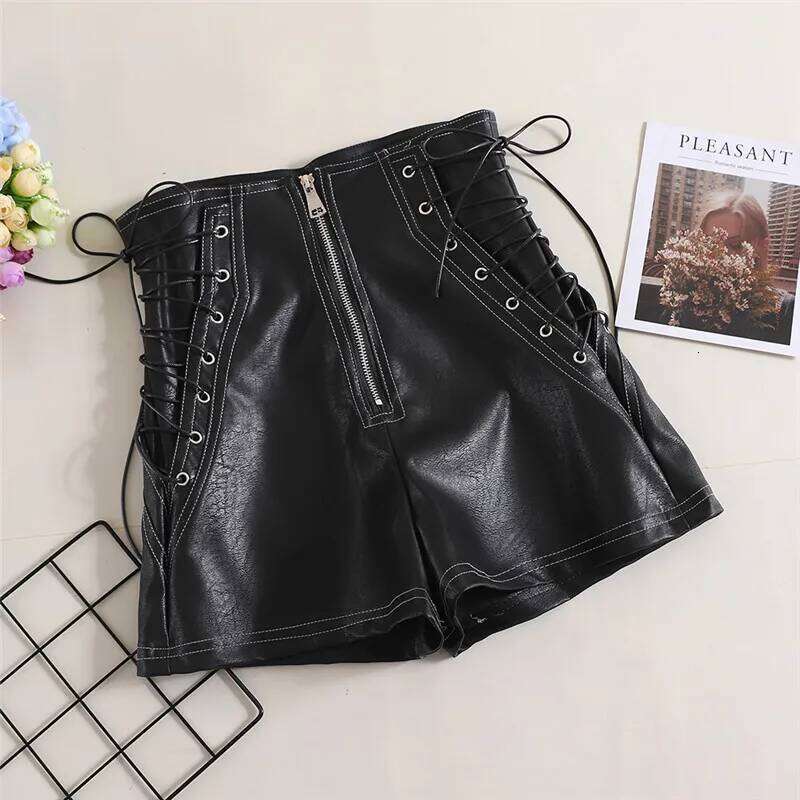 New Autumn Women PU Tie Bow Bandage High Waist Casual White Black Leather Ladies All Match Wide Leg Shorts XJ260206