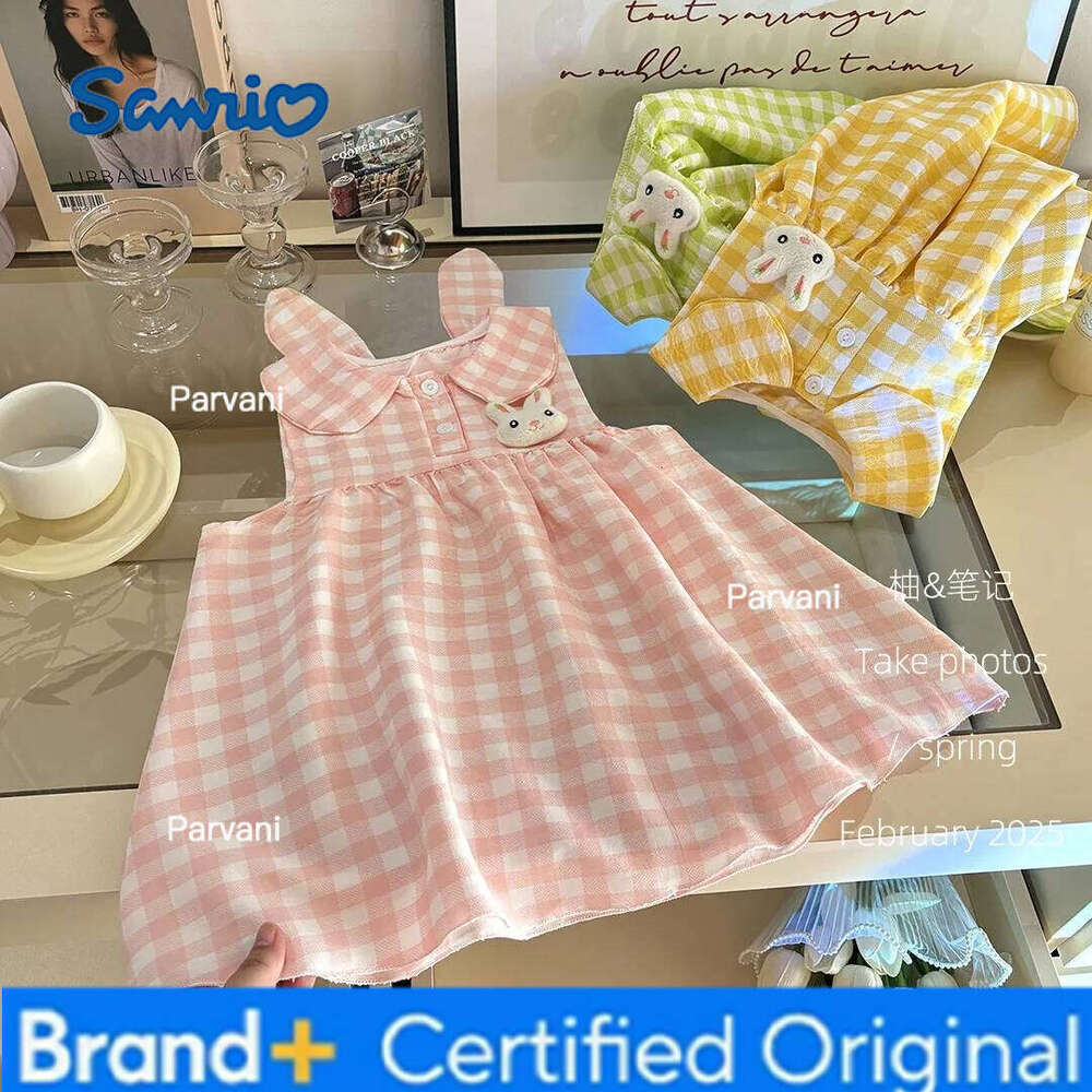 Sanrio Summer Girls Dress, Peter Pan Collar Bunny Ear Grid Jumper, Cute Rabbit Princess Dress for Toddlers H260206