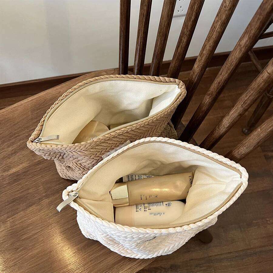 Rice Grain Pattern Woven Fabric Handbag, Women'S Travel Cosmetic Storage Organizer, Makeup Pouch, Zipper Closure, Toiletry Bag Y260206