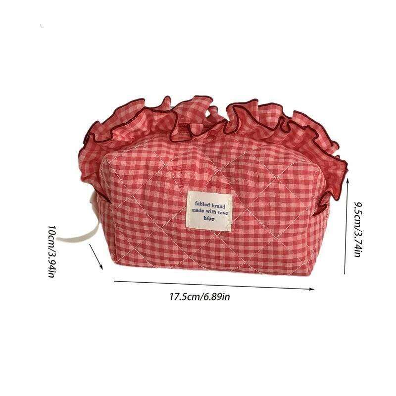 Red White Checkered Makeup Bag with Lace Trim Large Capacity Portable Cosmetic Pouch for Women Travel Y260206