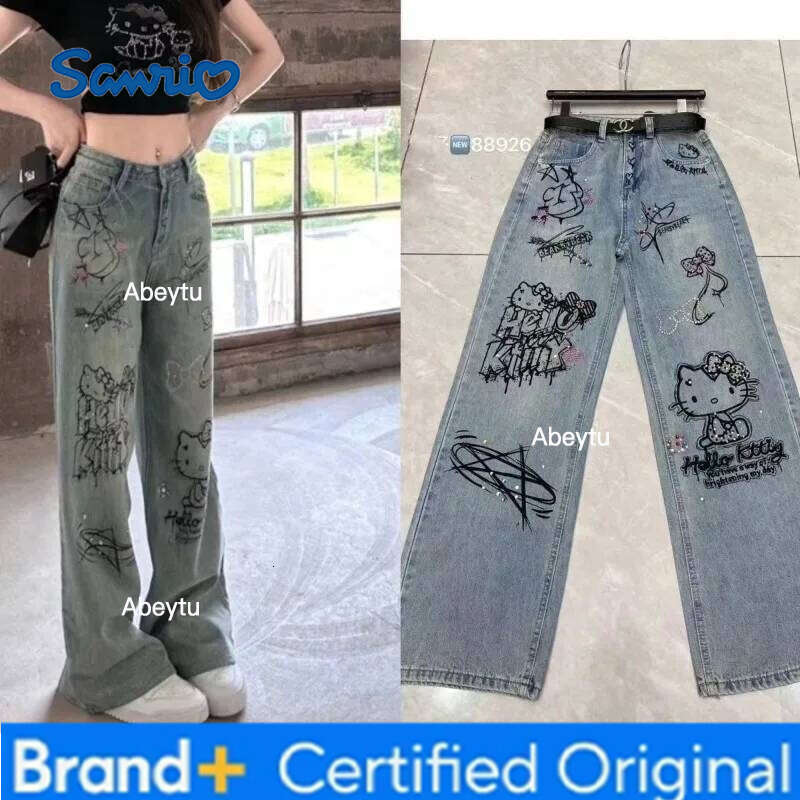 Sanrio Hello Kitty American retro creative printed jeans for women in autumn and winter high-waisted loose casual versatile trousers H260206