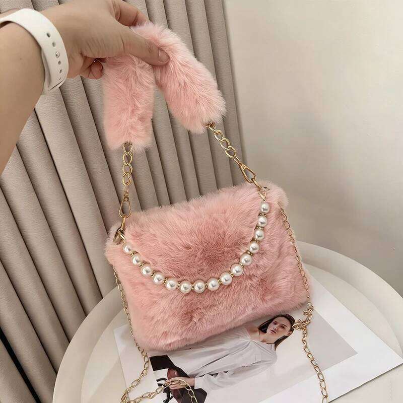 Fashionable Pearl Rabbit Fur Handbag Women's Crossbody Chain Design Winter Small Versatile Shoulder Bag XJ260129
