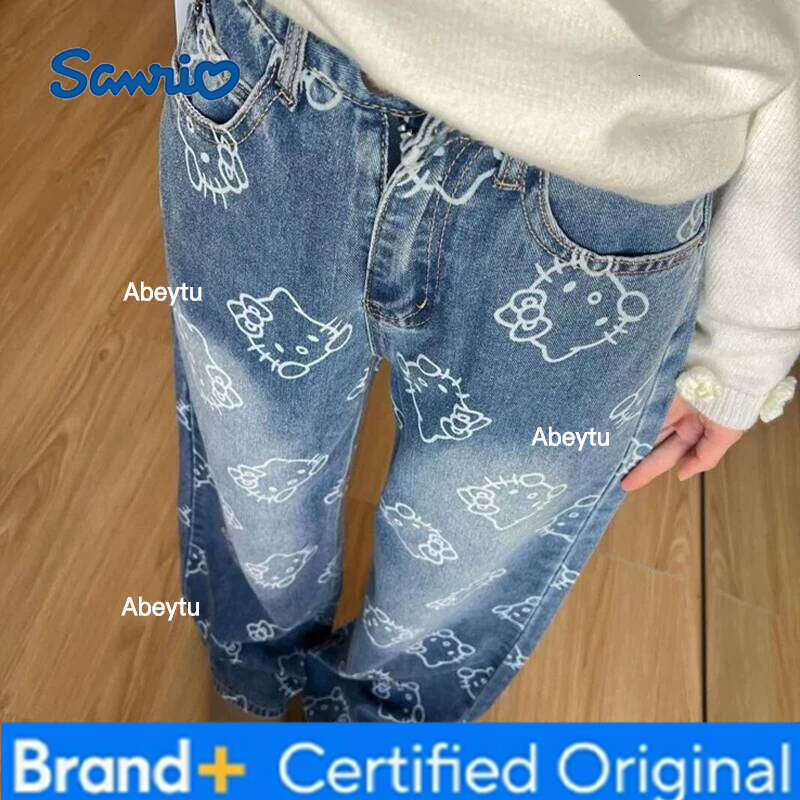 Sanrio Hello Kitty Y2K Quality Printed Jeans for Women Spring Summer Cute Cartoon Design High Waist Loose Sweet Pants Korean Style H260206
