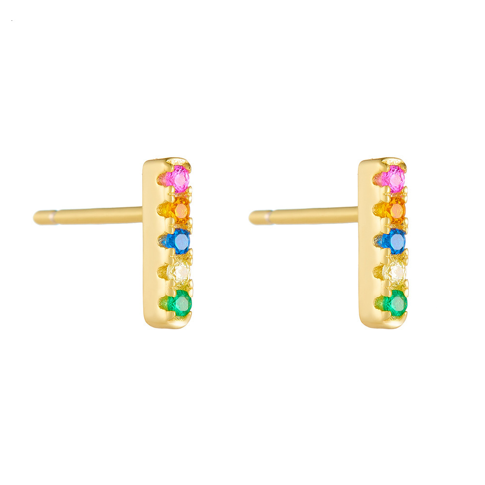 s925 sterling silver linear micro-inlaid colorful zirconia stud style, simple and versatile square bar earrings, small accessories