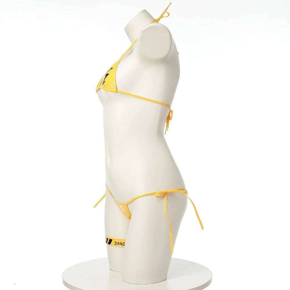 Punk Bikini Sexy Leather Bra Underwear Lingerie Danger Caution Print Swimsuit Low Waist Bikinis Sets Beach Swimwear Z260206