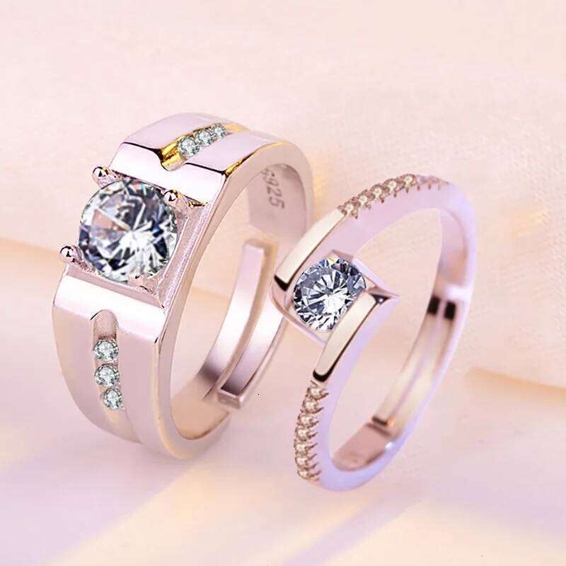 Simple Crystal Heart Couple Set Fashion Pair Opening Stainless Steel Wedding Rings Luxury Jewelry Gift Wholesale W260206