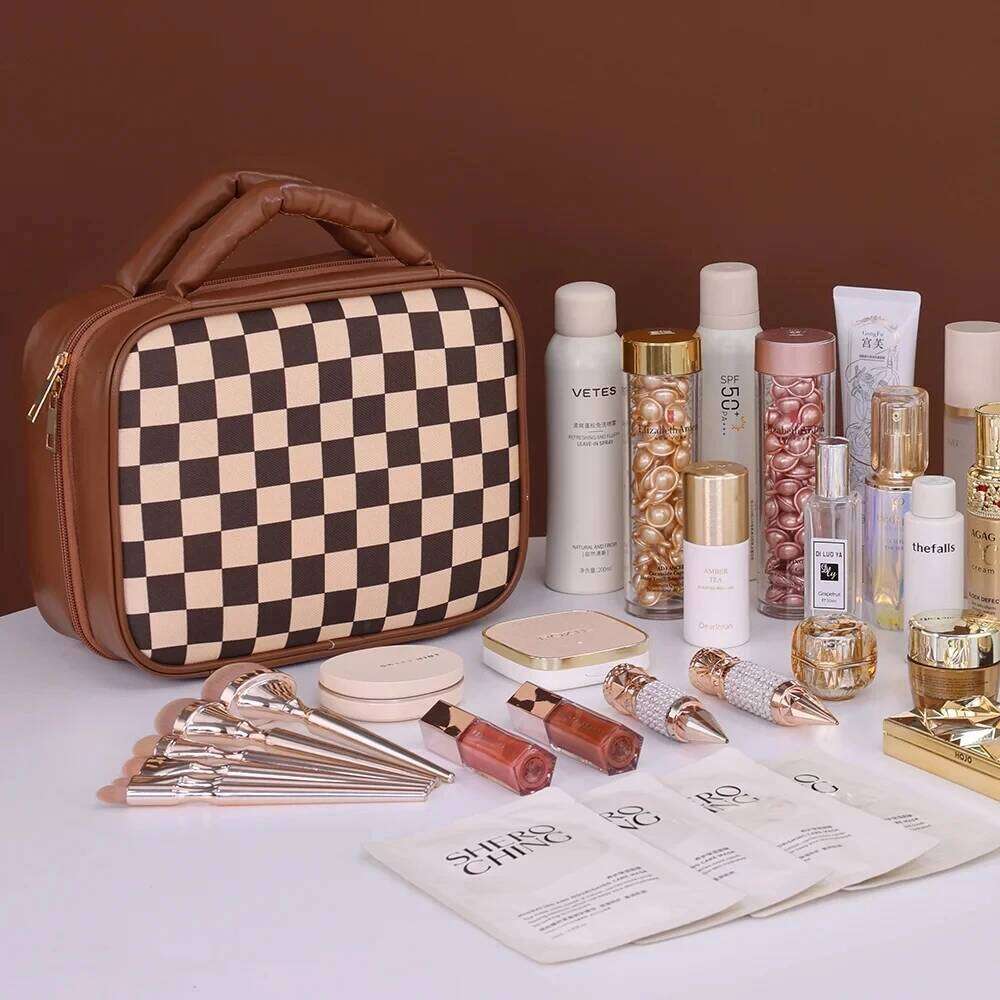 Checkered Cosmetic For Women Large Capacity Waterproof Makeup Toiletry Brown Melard Travel Wash Storage Bag Y260206