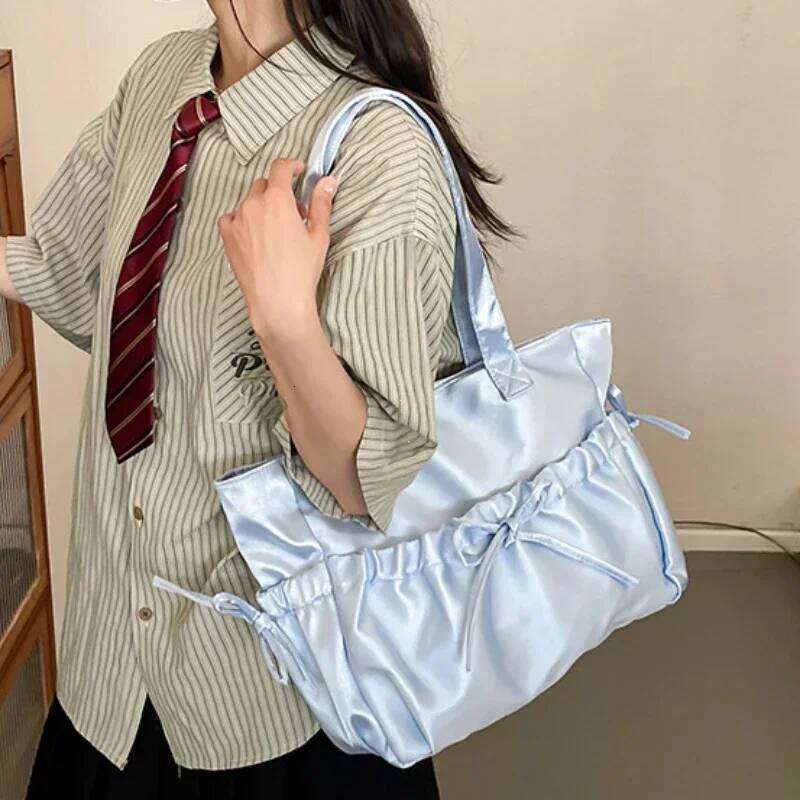 Elegant Bow Womens Shoulder Nylon Pleated Korean Style Fashion Tote Bag Large Capacity Cute Pink Sweet Female Handbag Y260205