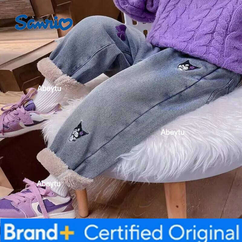 Sanrio Hello Kitty Kuromi Jeans Fleece-Lined Thickened Warm Cartoon New for Girls Baby Children Winter Fashionable Denim Pants H260206